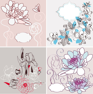 Set of  illustration with  lilly, dahlia, iris and roses