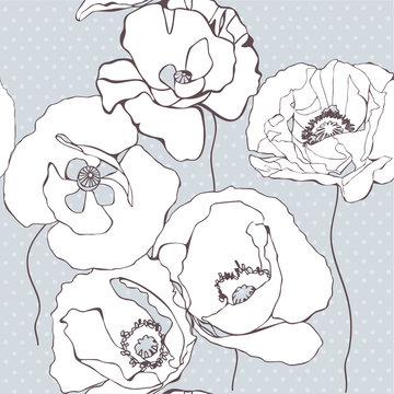 Seamless pattern with  poppy flowers on grey background