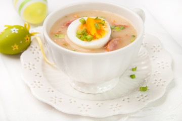 White borscht with eggs and white sausage.Polish easter soup - obrazy, fototapety, plakaty