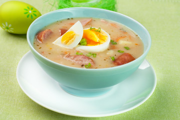 White borscht with eggs and white sausage.Polish easter soup - obrazy, fototapety, plakaty