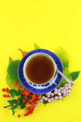 Autumn leaves and cup of tea on yellow background