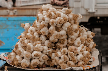 bunch of garlic on the open air market