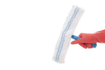 hand with window cleaning tool