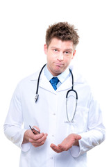 Fototapeta premium Expressive doctor with stethoscope. Isolated