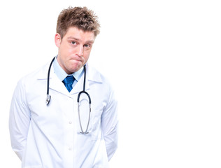 Fototapeta premium Expressive male doctor with stethoscope. Isolated