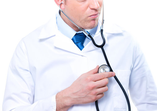 cherfull male medical doctor listening with a stethoscope