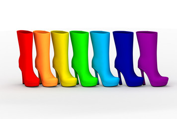 семь разноцветных сапогов на белом фоне