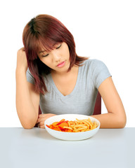 Isolated young asian woman with a plate of potato chips and fren