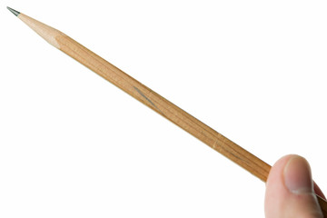 man having wooden pencil isolated on white background