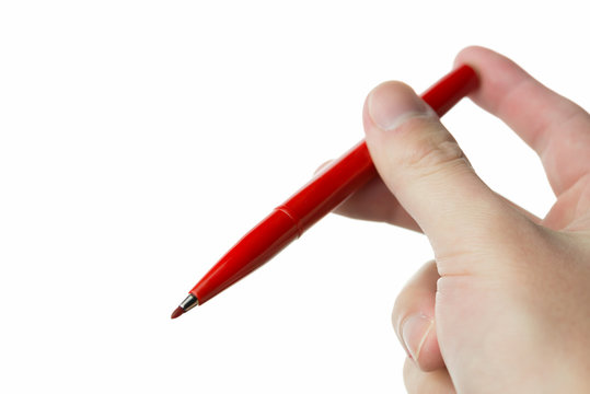 man having red highlighter pen isolated on white background