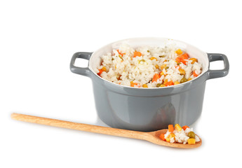 Risotto in  gray pot isolated on white