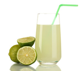 Delicious lemon juice in glass and limes next to it isolated