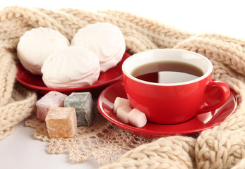 cup of tea with scarf isolated on white