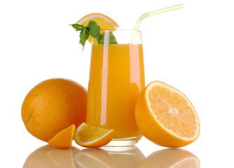 Glass of orange juice with mint and orange isolated on white