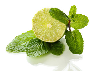 Mint with lime isolated on white