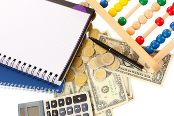 Bright wooden abacus and calculator. Conceptual photo of old