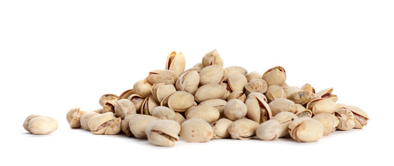 pile pistachios on a white background