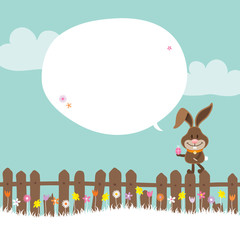 Fototapeta premium Bunny Fence Holding Easter Egg Speech Bubble Retro