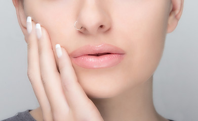 Obraz na płótnie Canvas Natural Makeup and French Manicure. Sensual Lips
