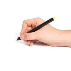 isolated man's hand holding a black pencil