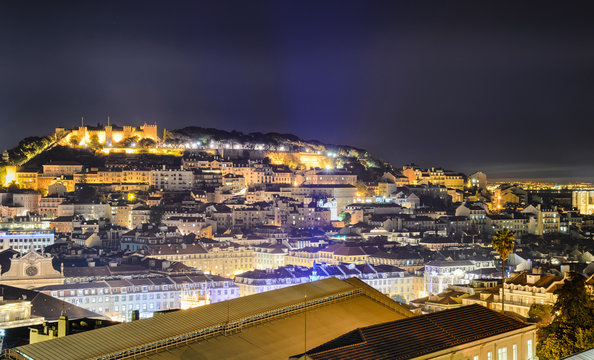 Lisbon old town and the Castle of São Jorge at night, Portugal