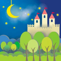 Fotobehang Kartonnen kaart Fantasy Castle op middernachtachtergrond © 9'63 Creation