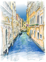 Venice - water canal, old buildings & gondola away