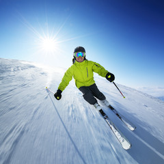 Skier on piste in high mountains - obrazy, fototapety, plakaty