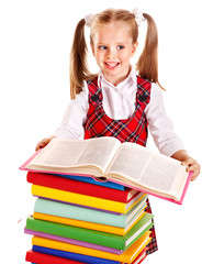 Child with stack book.