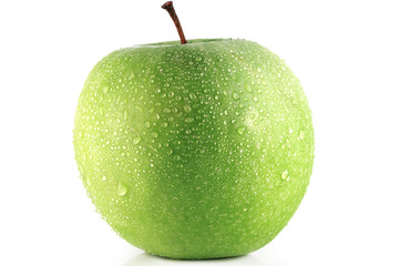 Green apple in drops of water.