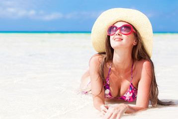 long haired girl in bikini on tropical boracay beach