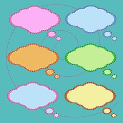 Six Colorful Thought Bubbles on Green Pattern