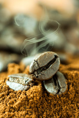 coffee bean and coffee powder close up