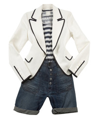 White blazer with striped t shirt and denim shorts