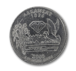 United States Arkansas quarter dollar coin on white