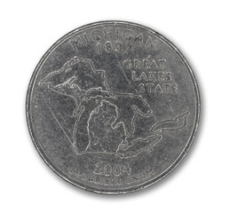 United States Michigan quarter dollar coin on white