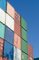 colorful stacked container with blue sky