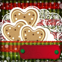 Christmas decorations on handmade knitted background.