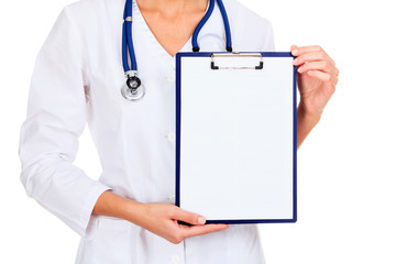 medical female doctor holding blank billboard
