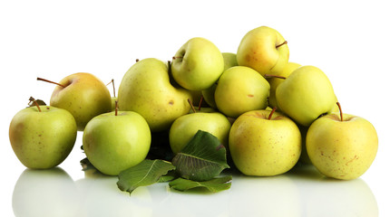 juicy apples with green leaves, isolated on white