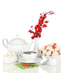 Beautiful white dinner service with an air meringues isolated