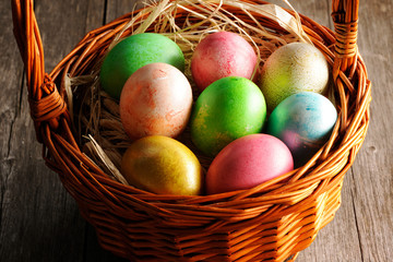 Colored easter eggs in basket