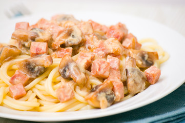 spaghetti with ham and mushrooms