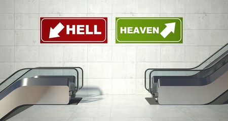 Moving escalator stairs, heaven hell sign