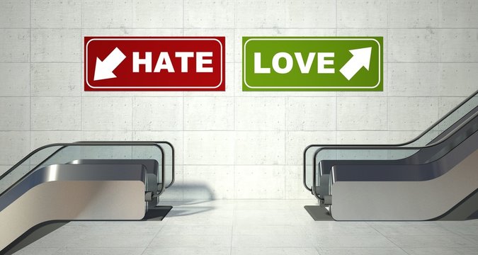 Moving escalator stairs, love hate sign