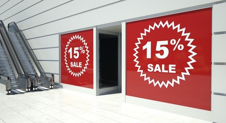15 percent sale on shopfront windows and escalator