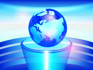 Abstract blue background with a globe on a pedestal