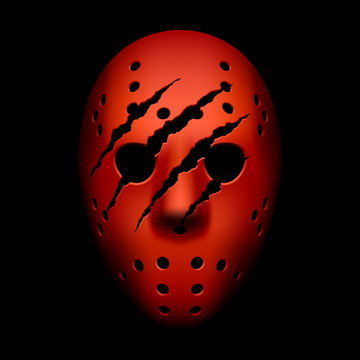 Red hockey mask with traces of claws