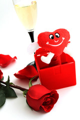 Red rose, glass of wine and red heart for Valentine
