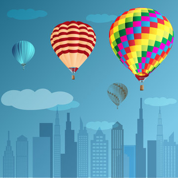 vector illustration with hot air balloon in the sky